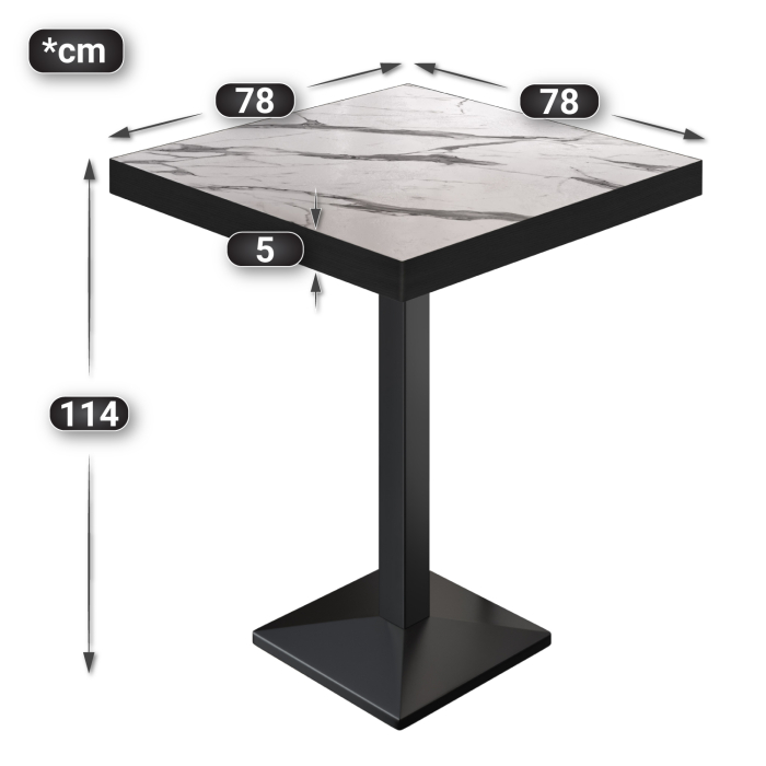 BPA | Bistro Stehtisch | 80 x 80 x 114 cm | Svart kant | Firkantet | Hvit marmor / Svart