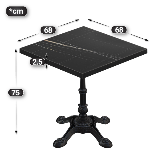 BPR | Bistrobord | 70 x 70 x 74,5 cm | Firkantet | Svart marmor/svart