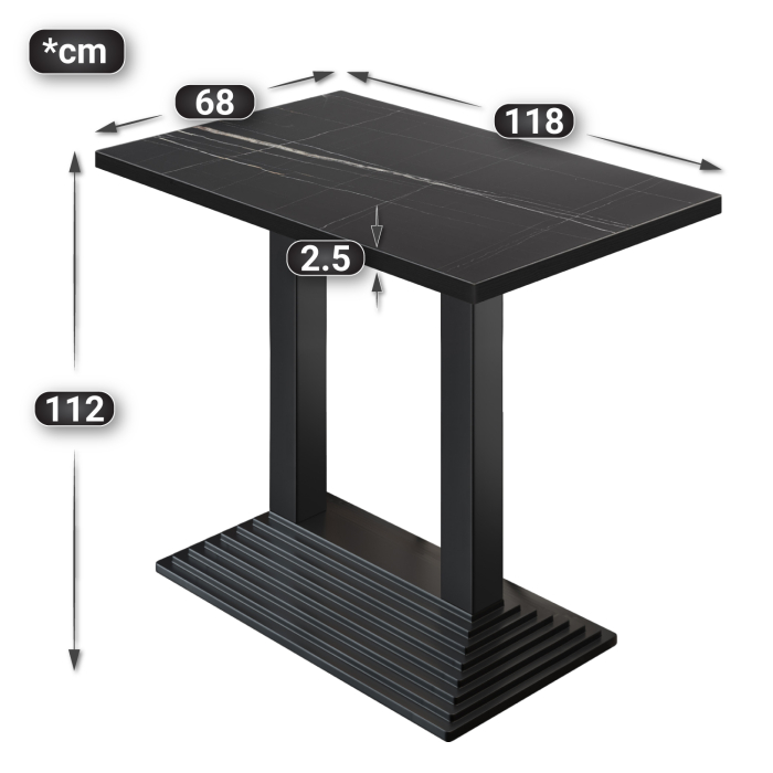 BPY | Bistro Stehbord | 120 x 70 x 112 cm | Svart kant | Rektangulær | Svart marmor / Svart