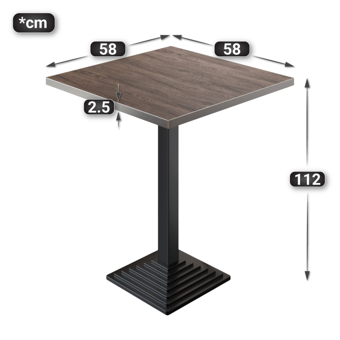 BPY | Bistro Stehapparat | 60 x 60 x 112 cm | Rustfritt stål kant | Kvadratisk | Lys Wenge / Svart