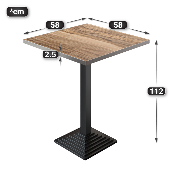 BPY | Bistro Stehtisch | 60 x 60 x 112 cm | Rustfritt stål kant | Firkantet | Sheesham / Svart