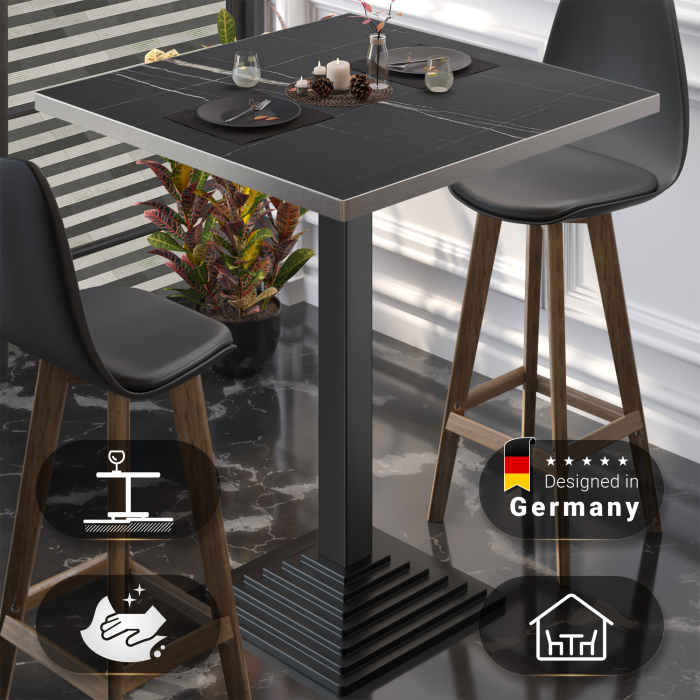 BPY | Bistro Stehtisch | 70 x 70 x 112 cm | Rustfritt stål kant | Kvadratisk | Svart marmor / Svart BPY | Bistro Stehtisch | 70 x 70 x 112 cm | Rustfritt stål kant | Kvadratisk | Svart marmor / Svart