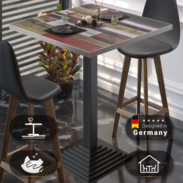BPY | Bistro Stehtbord | 70 x 70 x 112 cm | Rustfritt stål kant | Firkantet | Vintage Fargerik / Sort