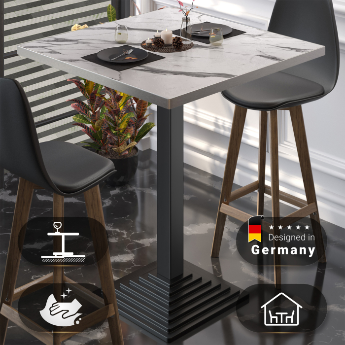 BPY | Bistro Stehtisch | 60 x 60 x 112 cm | Rustfritt stålkant | Firkantet | Hvit marmor / Svart BPY | Bistro Stehtisch | 60 x 60 x 112 cm | Rustfritt stålkant | Firkantet | Hvit marmor / Svart