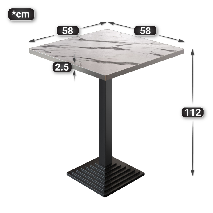 BPY | Bistro Stehtisch | 60 x 60 x 112 cm | Rustfritt stålkant | Firkantet | Hvit marmor / Svart BPY | Bistro Stehtisch | 60 x 60 x 112 cm | Rustfritt stålkant | Firkantet | Hvit marmor / Svart