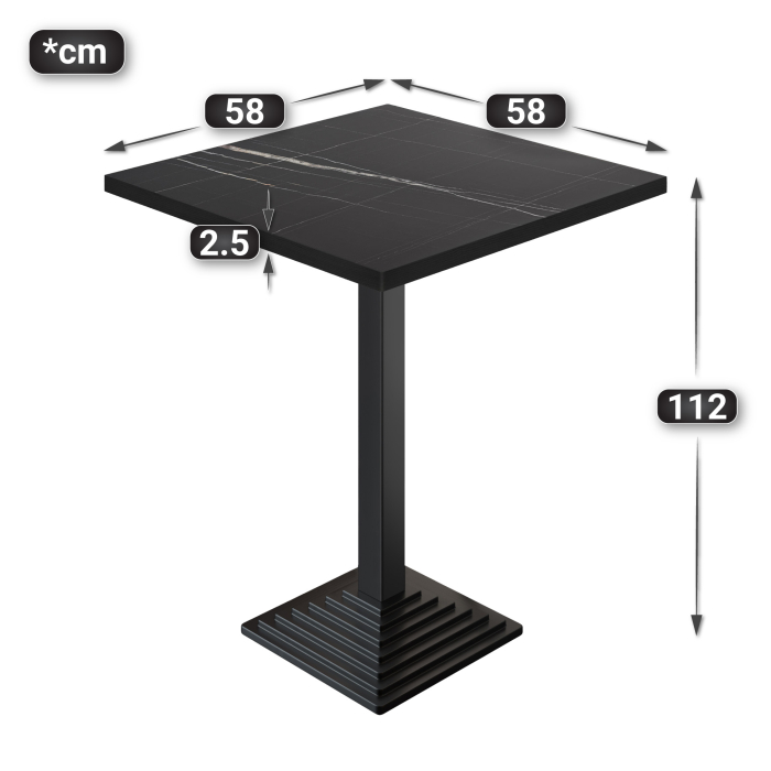 BPY | Bistro Stehtisch | 60 x 60 x 112 cm | Schwarzer Rand | Quadratisch | Schwarz Marmor / Schwarz BPY | Bistro Stehtisch | 60 x 60 x 112 cm | Schwarzer Rand | Quadratisch | Schwarz Marmor / Schwarz