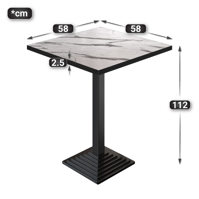 BPY | Stół bistro | 60 x 60 x 112 cm | Czarna krawędź | Kwadratowy | Biały marmur / Czarny BPY | Stół bistro | 60 x 60 x 112 cm | Czarna krawędź | Kwadratowy | Biały marmur / Czarny