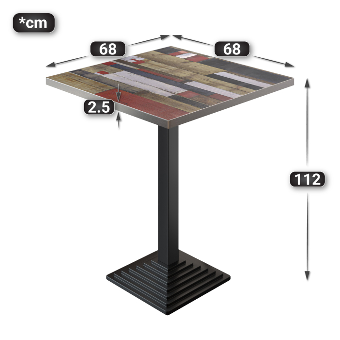 BPY | Bistro Stehtbord | 70 x 70 x 112 cm | Rustfritt stål kant | Firkantet | Vintage Fargerik / Sort