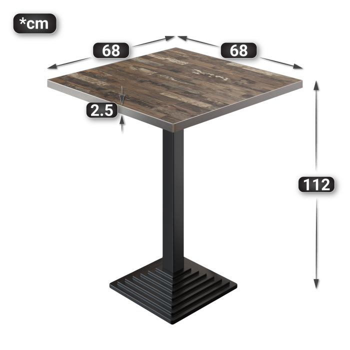 BPY | Bistro Stehtisch | 70 x 70 x 112 cm | Rustfritt stål kant | Kvadratisk | Vintage gammel / Svart