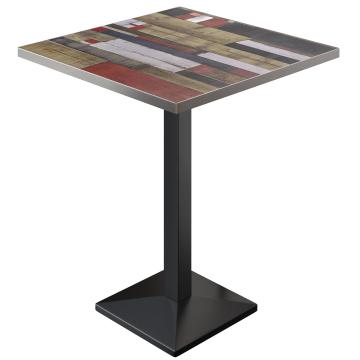 BPA | Bistro Stehtisch | 60 x 60 x 112 cm | Edelstahl Rand | Quadratisch | Vintage Bunt / Schwarz
