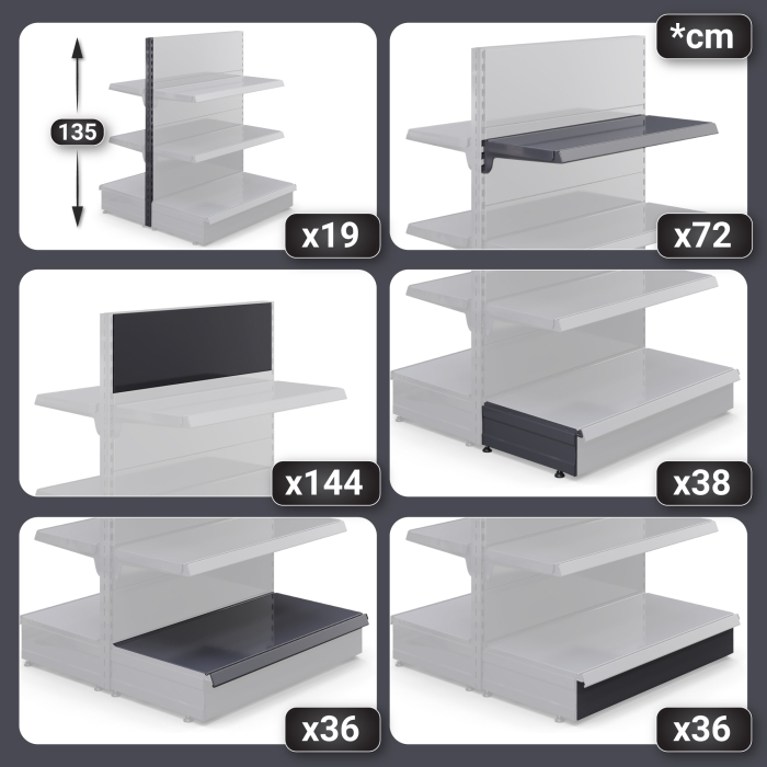 BROOKLYN | Gondola Centre Shelf | W1800xH135cm | Incl. 2 Shelves | Complete Set