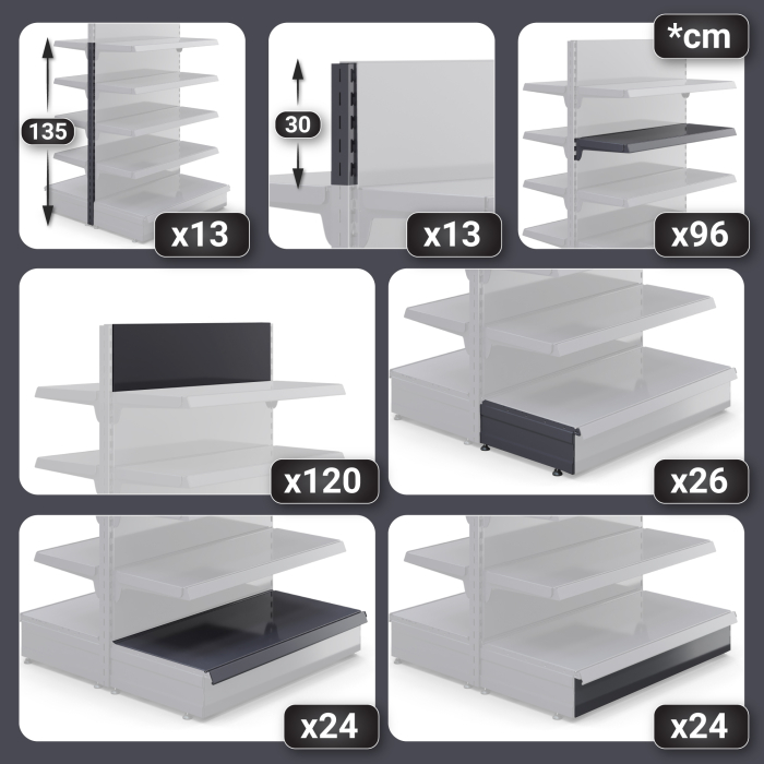 BROOKLYN | Gondola Centre Shelf | W1200xH165cm | Incl. 4 Shelves | Complete Set