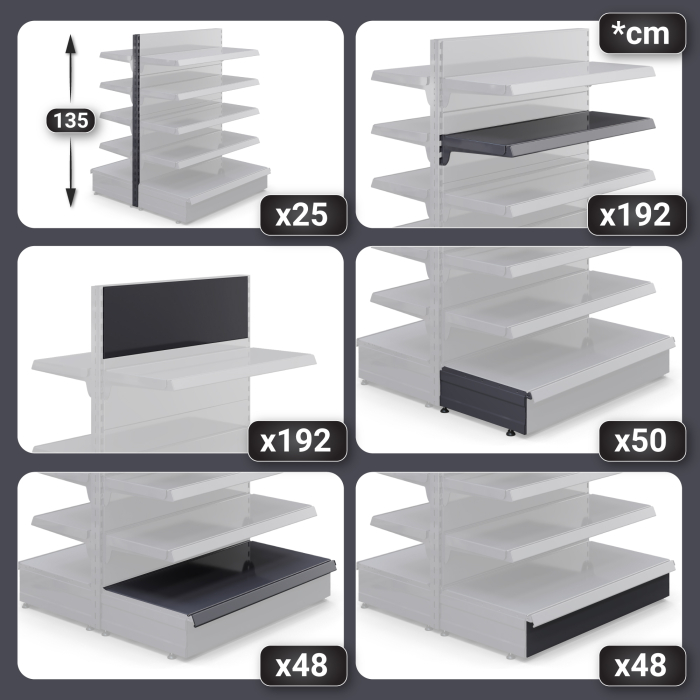 BROOKLYN | Scaffale centrale a gondola | L24000xH135cm | Incl. 4 ripiani | Set completo