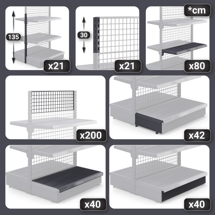 BROOKLYN | Mesh Central Shelving | W2000xH165cm | incl. 2 shelves | Complete Set