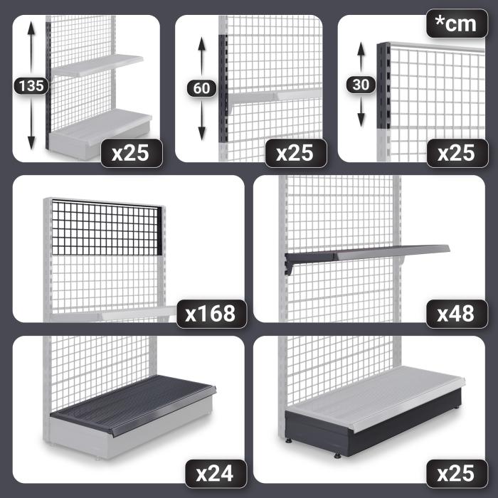 BROOKLYN | Scaffale a muro a reticolo | L2400xH225cm | Incl. 2 ripiani | Set completo BROOKLYN | Scaffale a muro a reticolo | L2400xH225cm | Incl. 2 ripiani | Set completo