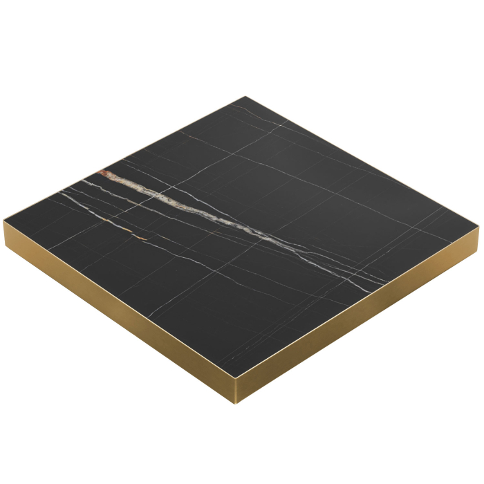 Brasil | Gastro HPL Bordsskiva | B:T 60 x 60 cm | Svart Marmor | Guld Rand | Fyrkantig
