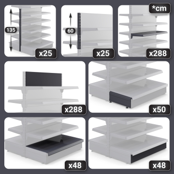BROOKLYN | Gondel Mittelraumregal | B2400xH195cm | Inkl. 12 Regalböden / M | Komplett Set