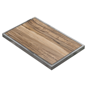 BRÉSIL | Plateau de table traiteur | L x P 110 x 60 cm | Bois de sheesham | Bordure chromée | Rectangulaire
