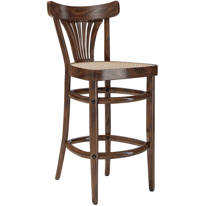 CABRIS | Sgabello Bar in legno curvato | Intreccio in rattan | Noce | Legno curvato