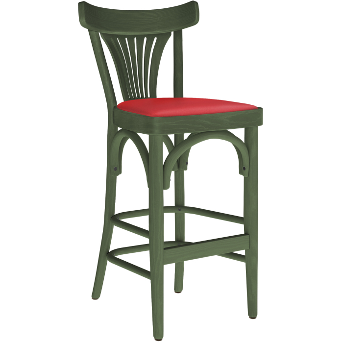 Cabris | Tabouret de bar en hêtre | Bois / Cuir | Vert olive / Rouge | Hêtre