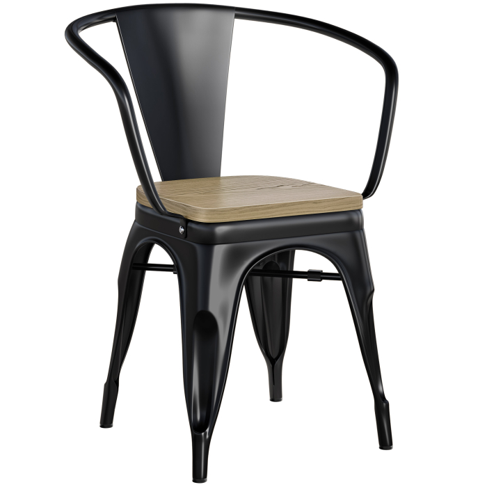 CALIFORNIA ARM | Tolix Stuhl | Schwarz Matt | Metall | + Holzsitz Eiche