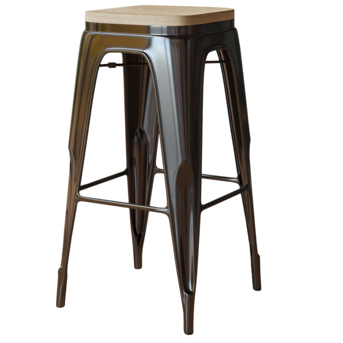 CALIFORNIA | Tolix Barhocker | Schwarz Matt | Metall | + Holzsitz Eiche
