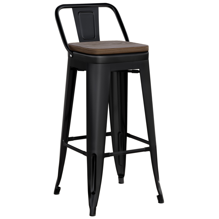 CALIFORNIA | Tolix Barhocker | Schwarz Matt | Metall | + Rückenlehne, Holzsitz Walnuß