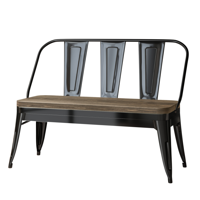 CALIFORNIA | Tolix Bænk | Sort Mat | 115cm | Metal | + Ryglæn | + Træsæde
