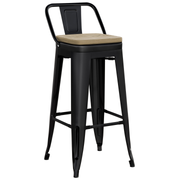 CALIFORNIA | Tolix Barhocker | Schwarz Matt | Metall | + Rückenlehne, Holzsitz Eiche