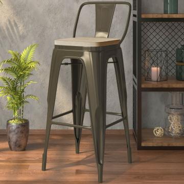 CALIFORNIA | Tolix Barhocker | Rost Matt | Metall | + Rückenlehne, Holzsitz Eiche