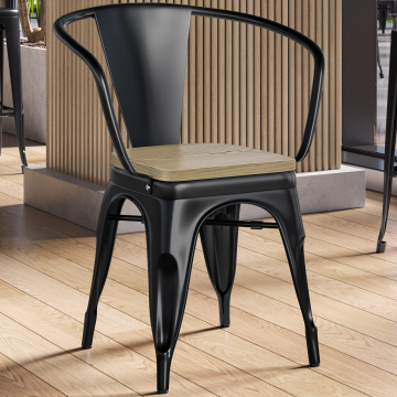 CALIFORNIA ARM | Tolix Stoel | Zwart | Metaal | + Houten zitting Eik
