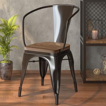 CALIFORNIA ARM | Tolix Stoel | Zwart | Metaal | + Houten zitting Walnoot