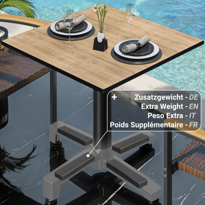 CPBC | HPL Bistrobord | B:D:H 70 x 70 x 78 cm | Ek / Aluminium | Vikbart + extra vikt | Fyrkantigt