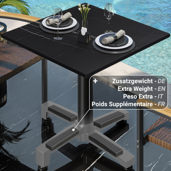 CPBC | HPL Bistro Table | B:D:H 70 x 70 x 78 cm | Sort marmor / aluminium | Sammenklappelig + ekstra vægt | Firkantet