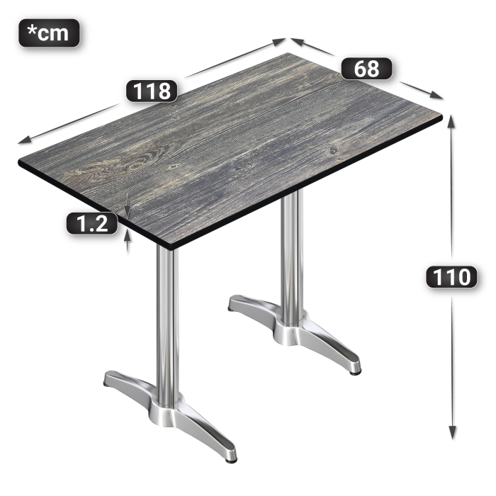 CPBL | HPL Compact Bistro Tavolo Alto | 120 x 70 x 110 cm | Pino Rustico / Argento | Rettangolare