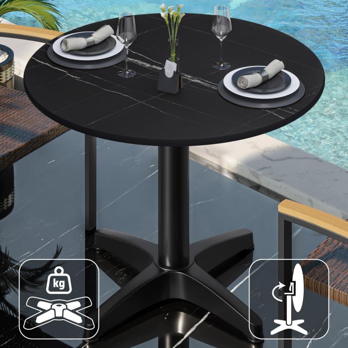CPBL | HPL Bistro Table | Ø:H 70 x 78 cm | Sort Marmor / Aluminium Sort | Sammenklappeligt + ekstra vægt | Rundt