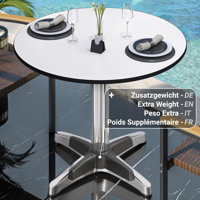 CPBL | Tavolo da bistrot in HPL | Ø:H 70 x 78 cm | Bianco / Alluminio | Pieghevole + peso aggiuntivo | Rotondo CPBL | Tavolo da bistrot in HPL | Ø:H 70 x 78 cm | Bianco / Alluminio | Pieghevole + peso aggiuntivo | Rotondo