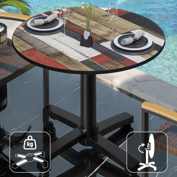 CPBC | HPL Bistro Table | Ø:H 60 x 78 cm | Vintage Coloré / Aluminium | Pliable + Poids supplémentaire | Rond