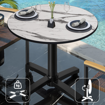 CPBC | HPL Table Bistro | Ø:H 70 x 78 cm | Blanc Marbre / Aluminium | Pliable + Poids supplémentaire | Rond