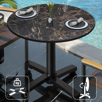 CPBC | HPL table de bistrot | Ø:H 60 x 78 cm | Marbre cappuccino / Aluminium noir | Pliable + poids supplémentaire | Rond