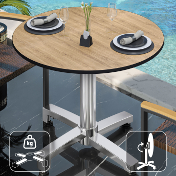 CPBC | Tavolo da bistrot in HPL | Ø:H 60 x 78 cm | Rovere / Alluminio | Pieghevole + peso aggiuntivo | Rotondo