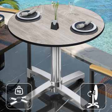 CPBC | Tavolo da bistrot in HPL | Ø:H 60 x 78 cm | Rovere-Bianco/Alluminio | Pieghevole + peso aggiuntivo | Rotondo