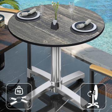 CPBC | Tavolo da bistrot in HPL | Ø:H 70 x 78 cm | Pino rustico / Alluminio | Pieghevole + peso aggiuntivo | Rotondo