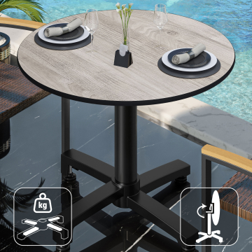 CPBC | Tavolo da bistrot in HPL | Ø:H 70 x 78 cm | Rovere bianco / Alluminio nero | Pieghevole + peso aggiuntivo | Rotondo