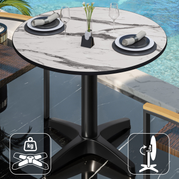 CPBL | HPL Bistro Table | Ø:H 60 x 78 cm | Hvid marmor / sort aluminium | Sammenklappeligt + ekstra vægt | Rundt