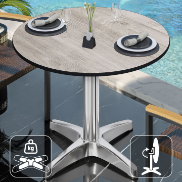 CPBL | HPL Bistro Tisch | Ø:H 70 x 78 cm | Eiche-Weiß / Aluminium | Klappbar + Zusatzgewicht | Rund