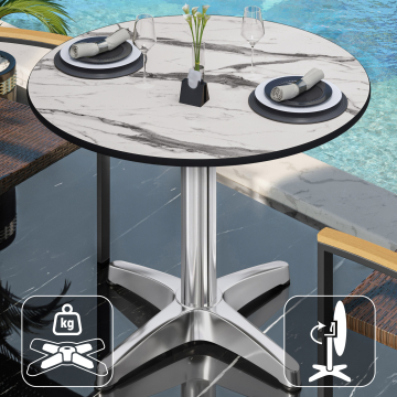 CPBL | HPL Bistro Tisch | Ø:H 70 x 78 cm | Weiß-Marmor / Aluminium | Klappbar + Zusatzgewicht | Rund
