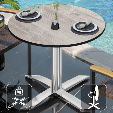 CPTG | Bistro Tisch | Ø:H 70 x 76 cm | Eiche-Weiß / Aluminium | Klappbar/ Zusatzgewicht