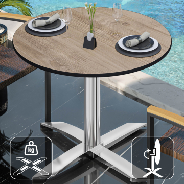 CPTG | Bistro Tisch | Ø:H 70 x 76 cm | Rustikal Eiche / Aluminium | Klappbar/ Zusatzgewicht