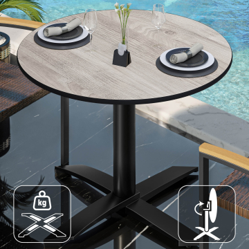 CPTG | Table Bistro | Ø:H 60 x 75 cm | Chêne blanc / Aluminium noir | Pliable/ Poids supplémentaire